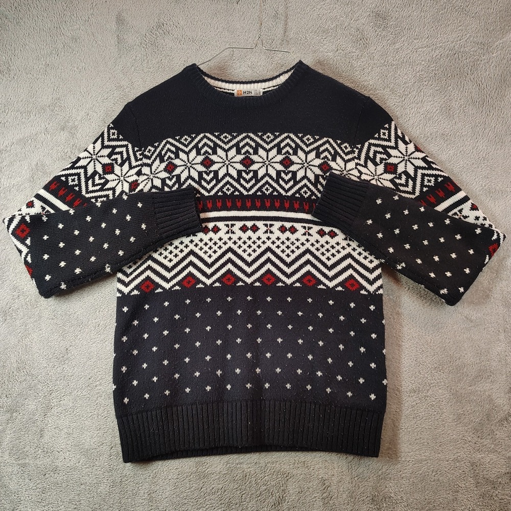 H2H Sweater Mens Small Fair Isle Christmas Snowflake‎ Black  Knit Cabincore